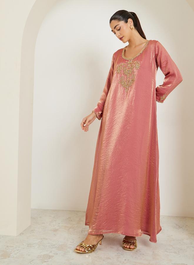 Amirah Peach A-Line Jalabiya with Gold Embroidery - Image 2